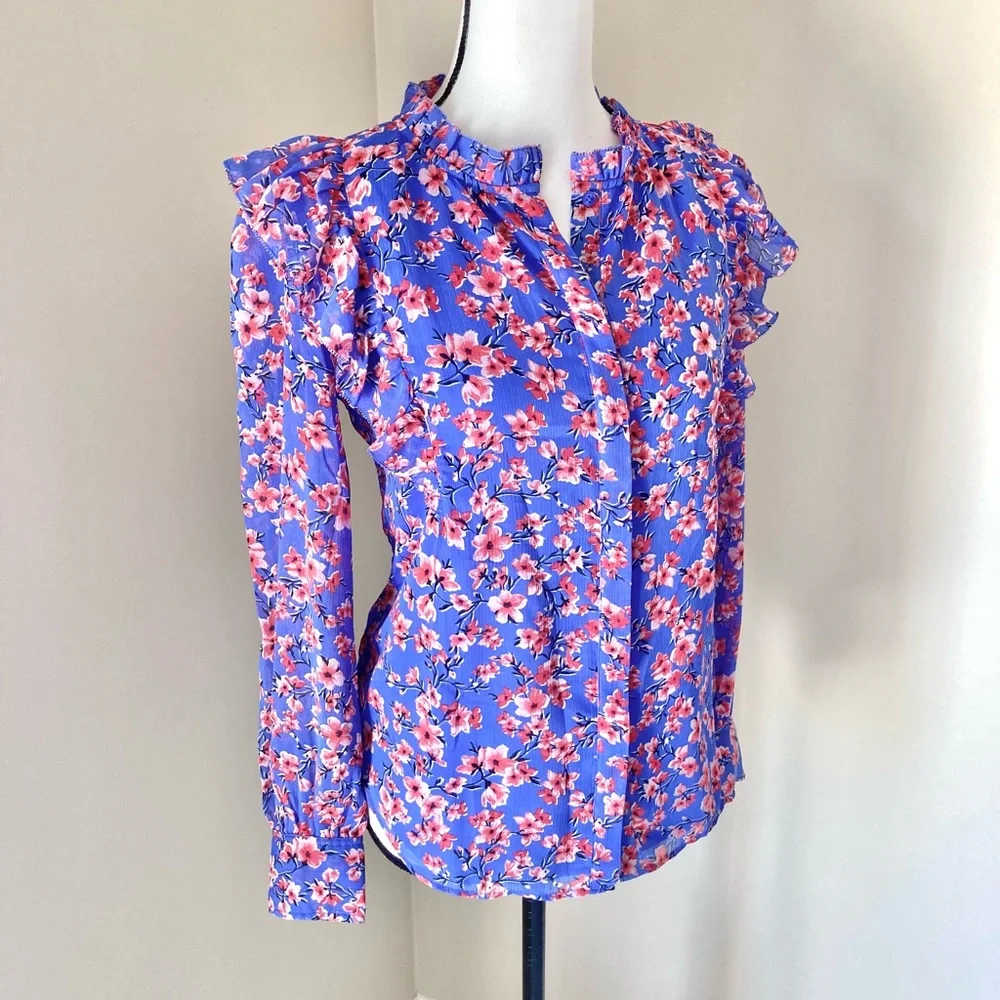 Ann Taylor Cherry Blossom Floral Ruffle Long Sleeve Blouse Size S - Picture 5 of 8